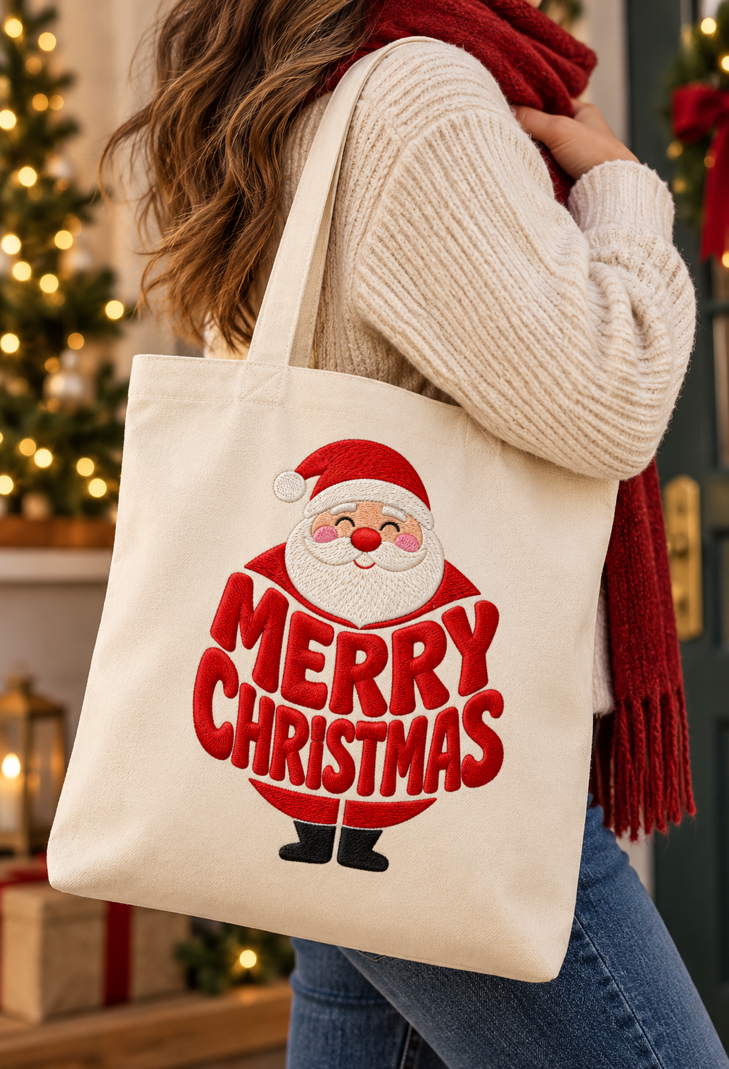 Merry Christmas Santa Embroidered Tote Bag