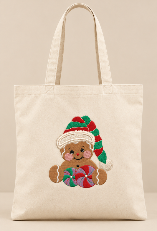 Christmas Gingerbread Embroidered Tote Bag