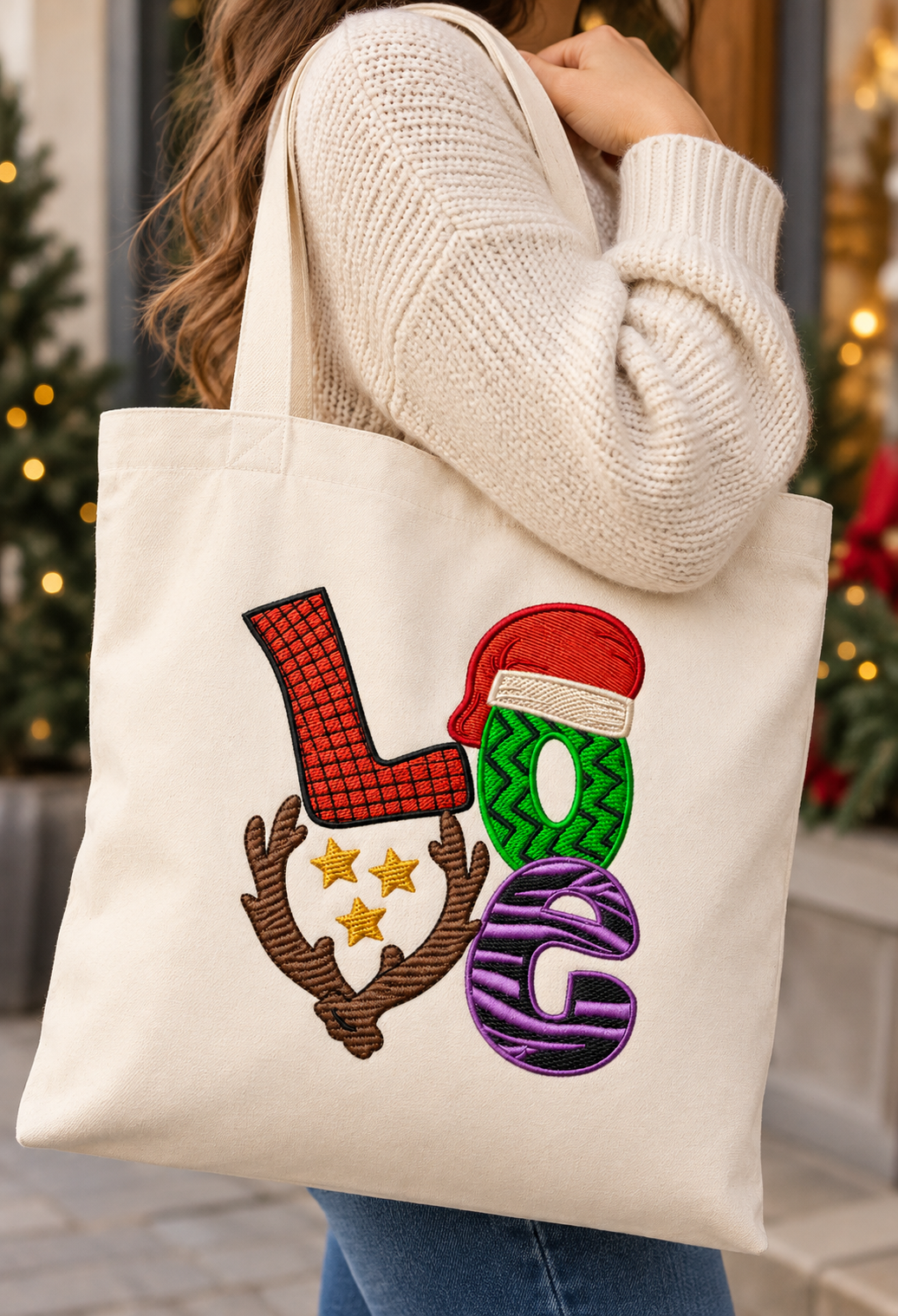 Christmas LOVE Embroidered Tote Bag – Festive Cotton Shopper