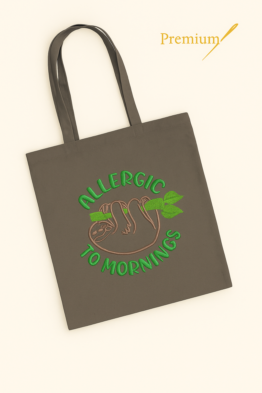 Allergic to Mornings – Premium Embroidered Tote Bag