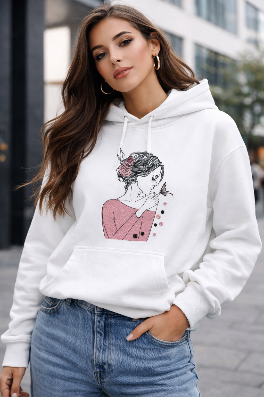 Embroidered Hoodie – Feminine Line Art Design